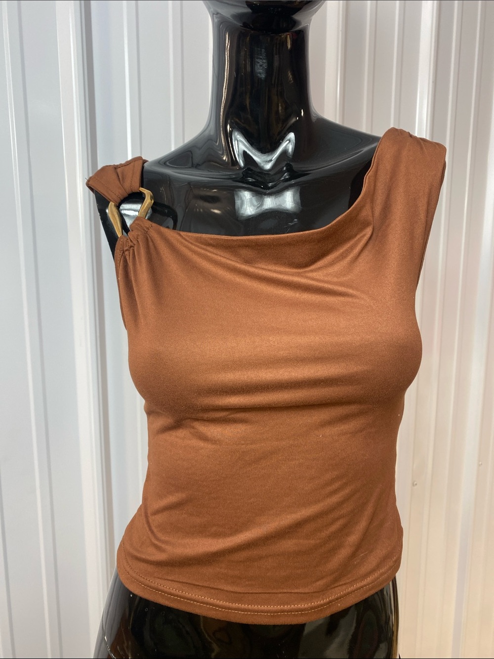 SHEIN Copper Brown One-Shoulder Tank Top with Buckle